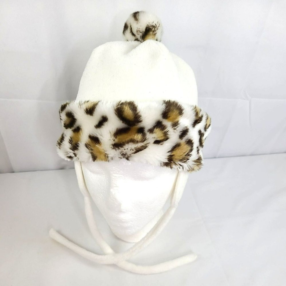 EUC Animal Leopard Print Youth 2-4T Trapper Beanie Cap Hat Ivory Earflap Tie - Picture 1 of 7